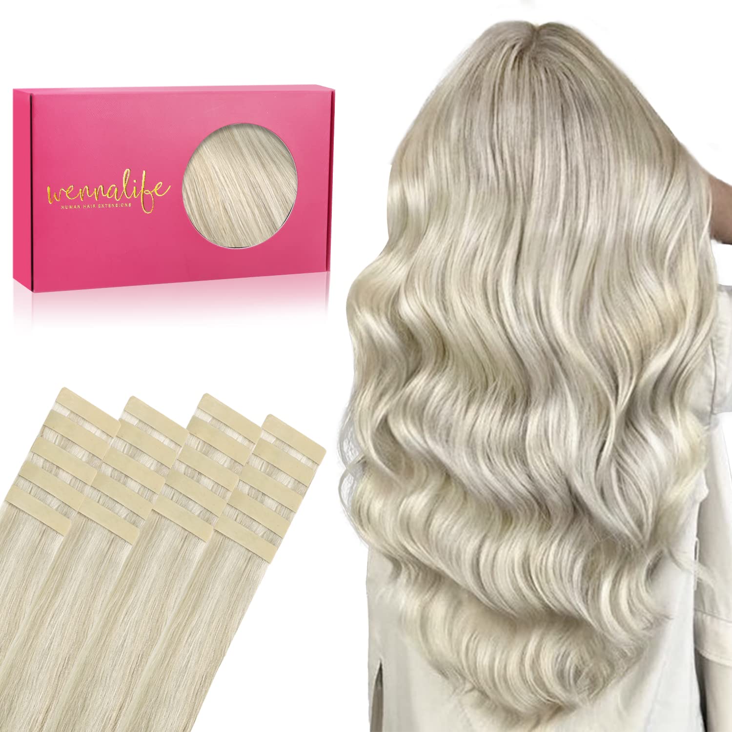Wennalife Tape in Hair & Extensions: 20pcs 14 Inch 50g Ash Blonde Highlighted Platinum Blonde Remy Human Hair Tape Extensions