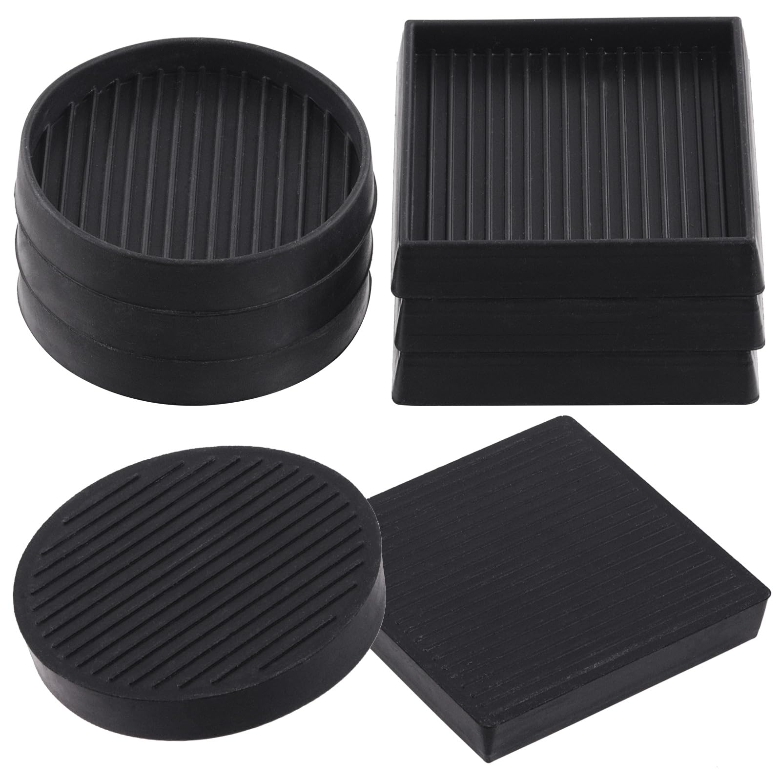 Keadic Non-Slip Rubber Caster Cups Assortment Set, Round and Square Anti Slide Leg Coasters Floor Protector Furniture Pads for Piano Sofa Bed Chair Couch Stoppers (3 * 3 Inches, Round & Square-Black)