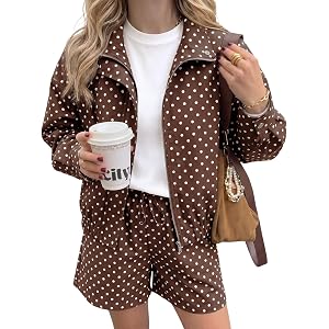 Tankaneo Womens Polka Dot 2 Piece Sets Zip Up Cropped Jackets Shorts Set | Athleisure,Oversized,Fall Spring Outfits,2 Piece O
