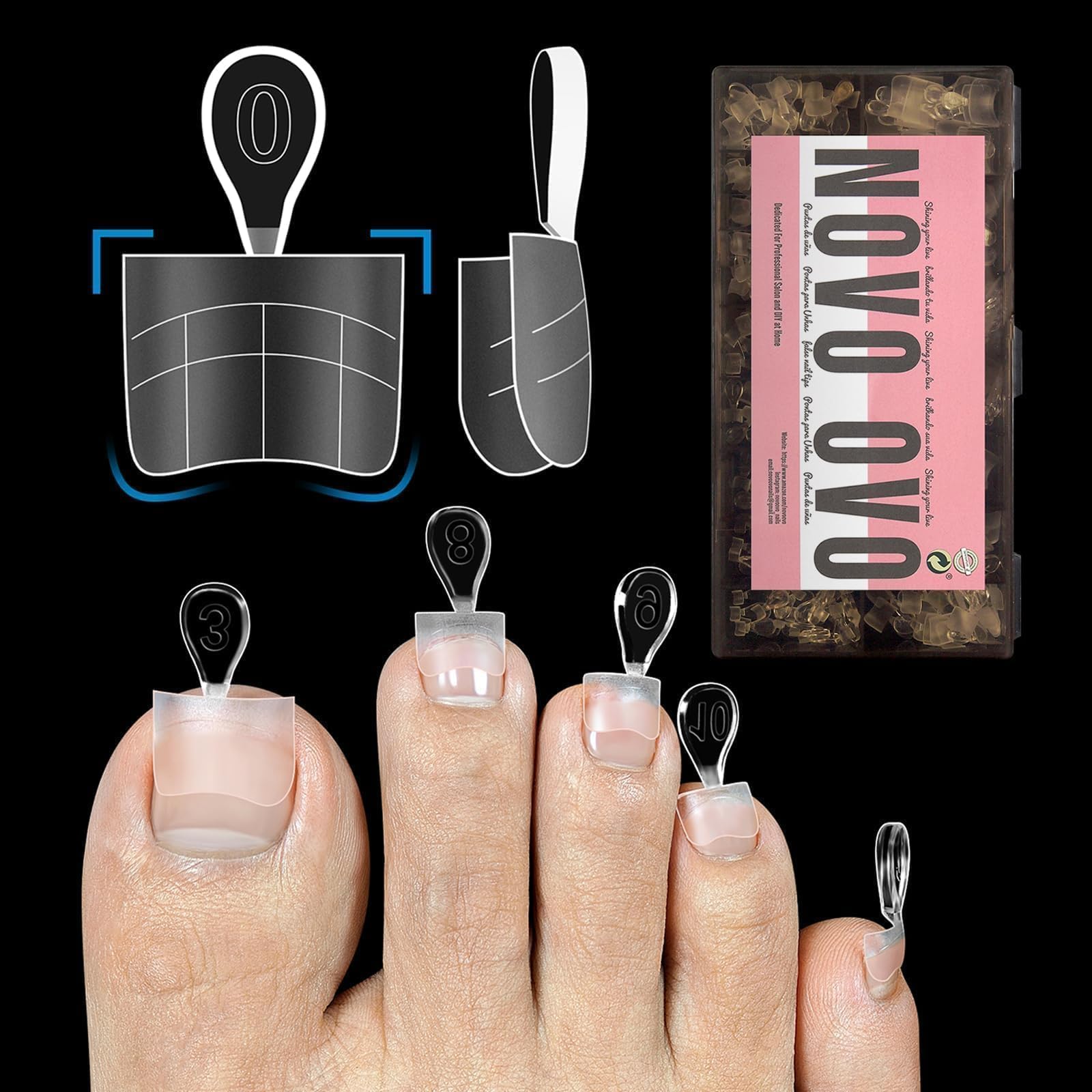 NOVO OVO Upgraded Flexible Half Cover Soft Gel Fake Toe Nail Tips with Auxiliary Line for Toenail Extension, Sharp Square Medium Wide for Men Women Acrylic pedicure in Salon x 15 Sizes 300 Pcs