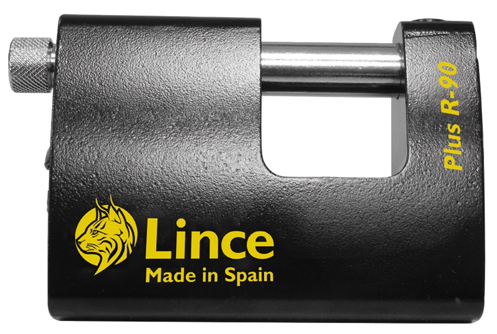 LINCE - PLUSR90 Heavy Duty high Security Padlock | MONOBLOCK Black Hardened Steel | Weatherproof | 3 Security Keys Padlock