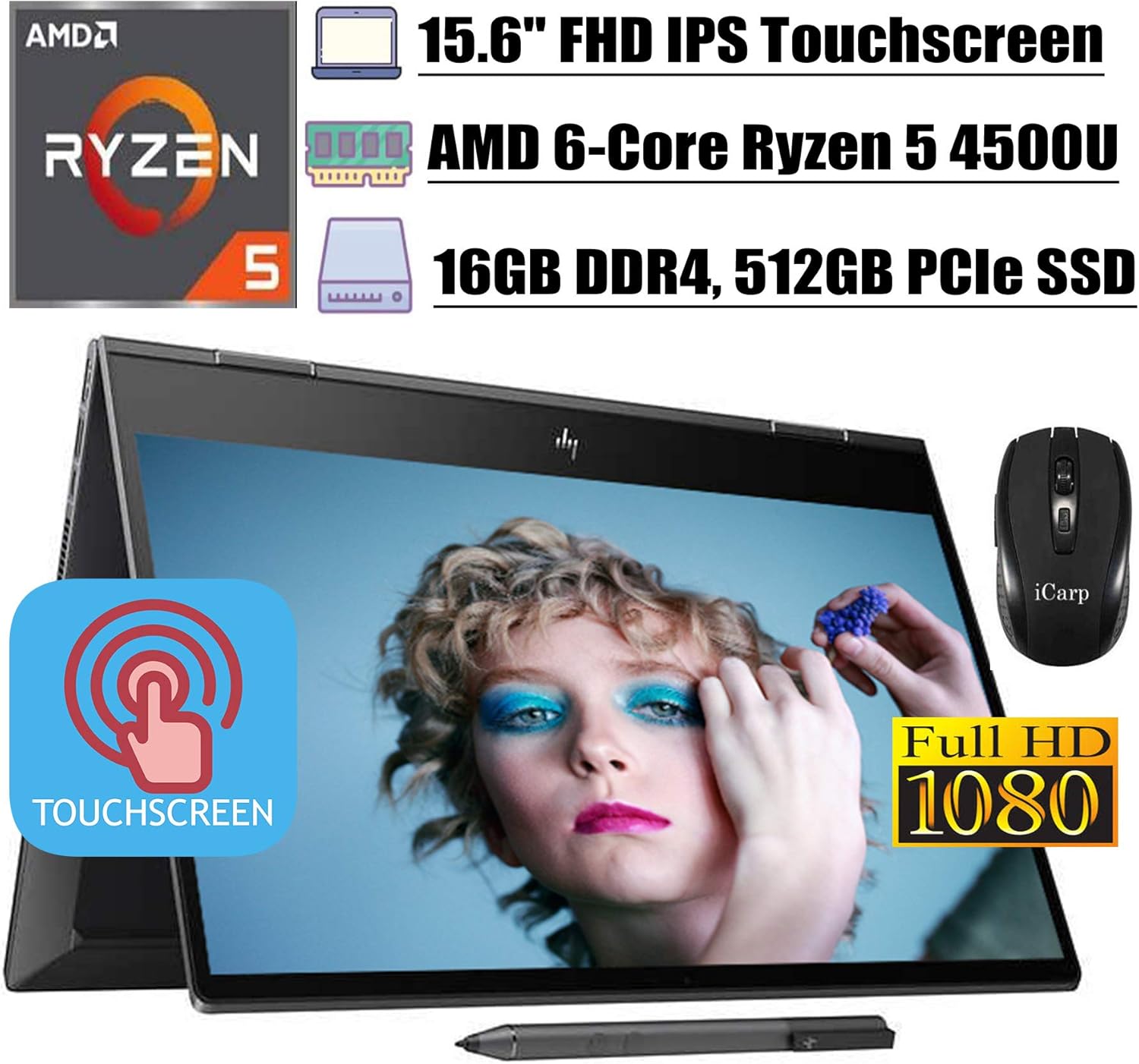 2020 Flagship HP Envy X360 15 2 in 1 Laptop Computer 15.6" Full HD IPS Touchscreen AMD 6-Core Ryzen 5 4500U (Beats i7-8550U) 16GB DDR4 512GB PCIe SSD Backlit Pen FP WiFi Win 10 + iCarp Wireless Mouse