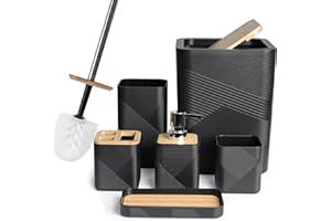 CERBIOR Bathroom Accessories Set 6 Piece Bamboo Bath Ensemble Includes Soap Dispenser, Toothbrush Holder, Toothbrush Cup, Soap Dish for Decorative Countertop and Housewarming Gift (Black)