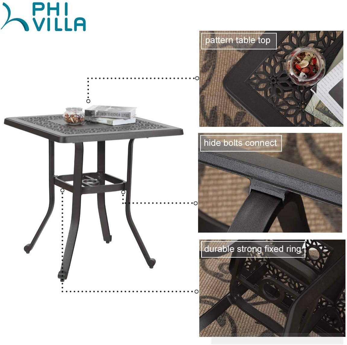 PHI VILLA Outdoor Balcony Garden Furniture Patio Bistro Coffee Table 27.5" Square Cast Aluminum with Umbrella Hole, Frosted Surface: Kitchen & Dining