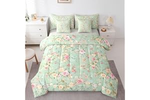 Erosebridal Rose 7 Piece Bedding Set Queen Flower Comforter Set with Sheets Yellow Pink Rose Branch Pretty Bed in a Bag Ink P