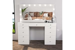 Boahaus Orla Modern Makeup Vanity with Hollywood Light Bulbs Built-in, USB Port and Power Outlet, 11 Drawers, Wide Mirror, Glam Glass Top, Crystal Knobs, for Bedroom