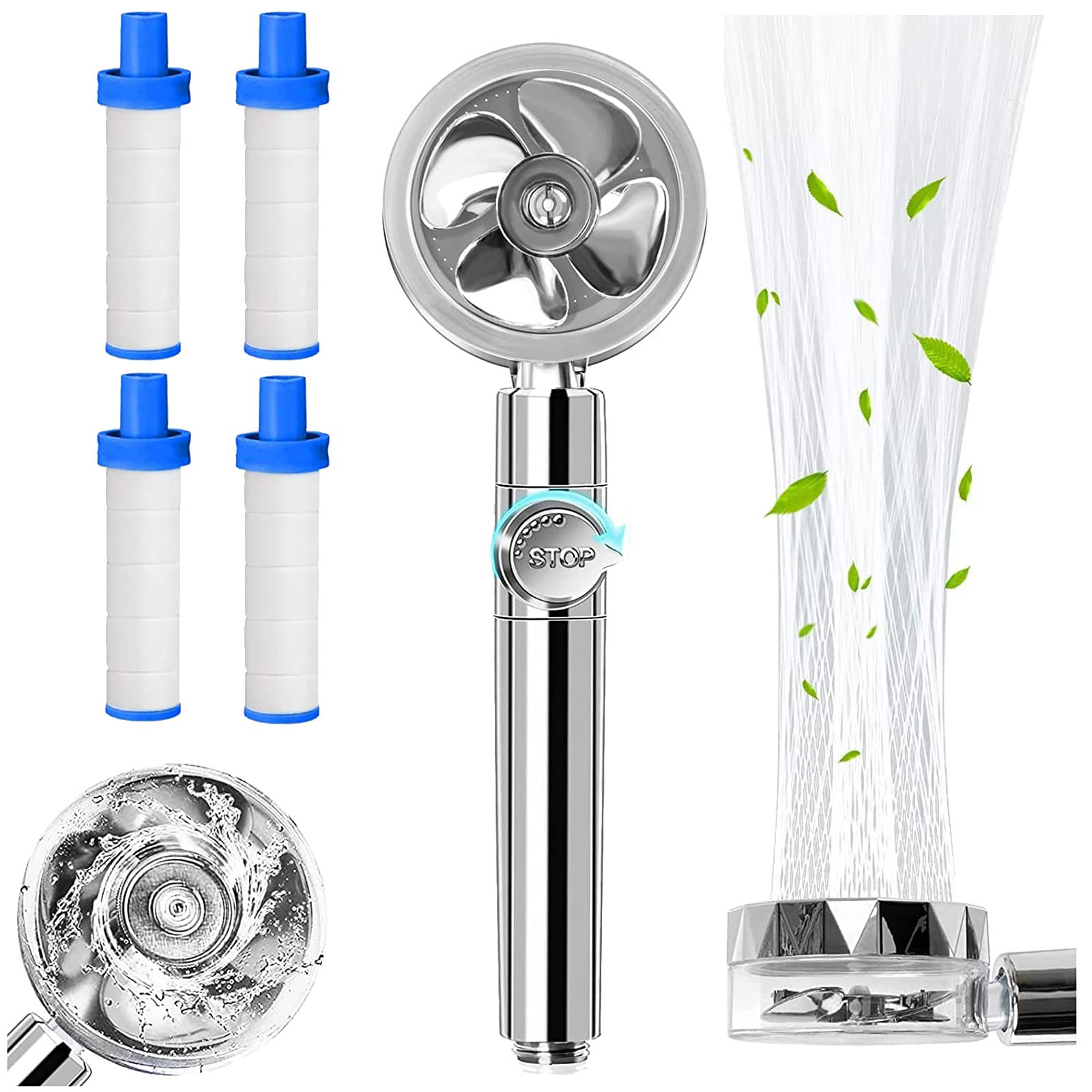 Propeller Shower Head, High Pressure Water Saving Shower Head with 4pcs Filter, 360° Rotating Hydro Jet Shower Head, Propeller Driven Handheld Shower Head, Turbo Fan Spa Shower Head (Silver)