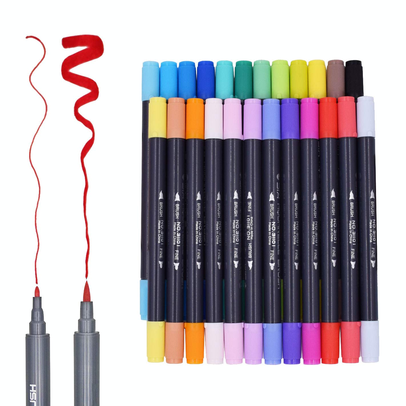 SAYEEC 24 Colours Dual Tip Brush Pens with Fineliner Tip Art Marker Soft Flexible Tip Durable Create Watercolor Effect - Best for Adult Coloring Books/Manga/Comic/Calligraphy