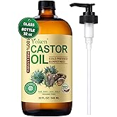 Yoken EWG Verified Castor Oil Glass Bottle 32 fl oz (with Pump) 100% Pure Castor Oil for Skin Face Hair, Cold Press, Hexane F