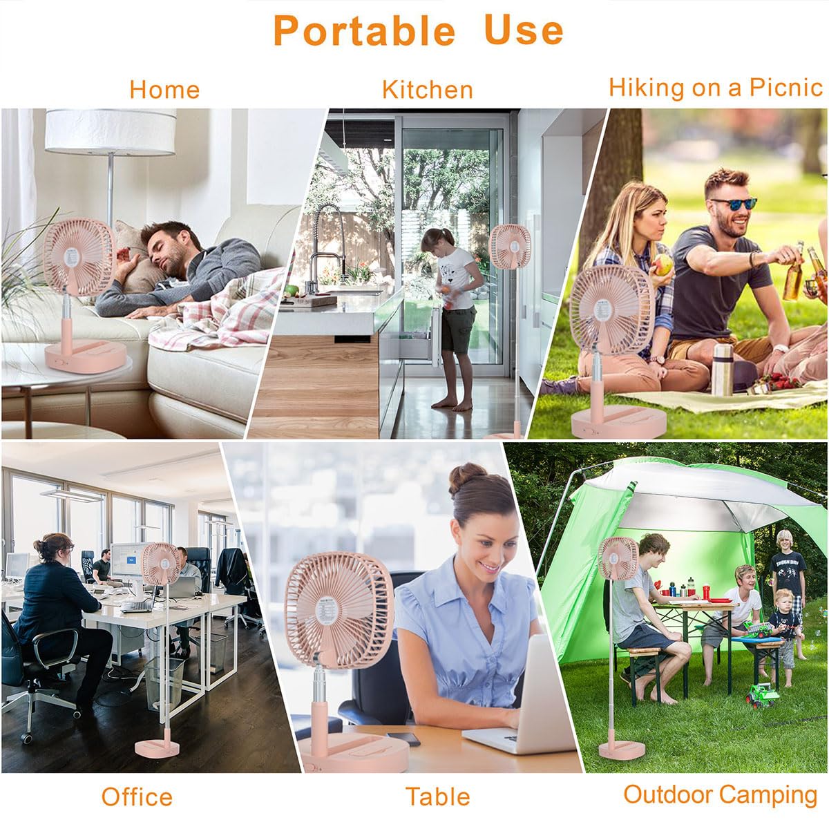 Portable Pedestal Fan - Foldaway Standing Fan Foldable Desk Fan, Use 7200Mah Rechargeable Battery, Remote Control Telescopic 4 Speed Quiet Timer Fan for Home Kitchen Outdoor Camping (Pink)
