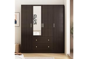 ECACAD Dark Brown Wardrobe Armoire with Mirror, 5-Tier Shelves, 2 Drawers, 2 Hanging Rods and 4 Doors, Wooden Closet Storage Cabinet for Bedroom (63”W x 19.7”D x 70.9”H)