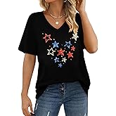 ZXUBP American Flag Shirts Women:4th of July V-Neck Short Sleeve Patriotic T-Shirt Memorial Day Graphic Tee