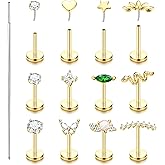 YADOCA 20G/18G/16G Threadless Nose Studs for Women Hypoallergenic Surgical Steel Flat Back Stud Earrings 14K Gold Plated Push in Nose Rings Studs CZ Lip Labret Cartilage Helix Tragus Piercing Jewelry