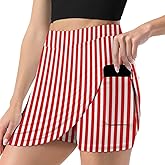 GZVGZV Red and White Stripes Print Skorts for Woman, Athletic Mini Tennis Skirt Golf Skirt for Women with Pocket
