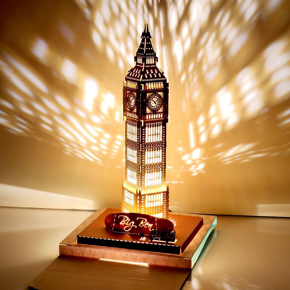 Souvenir Greeting Cards, POSTALK Big Ben 3D Pop Up Greeting Cards Creative Paper Craft with USB Lighting Module for Children's Day, Valentine's Day, Birthday, Mother's Day, Wedding, Father's Day Gift