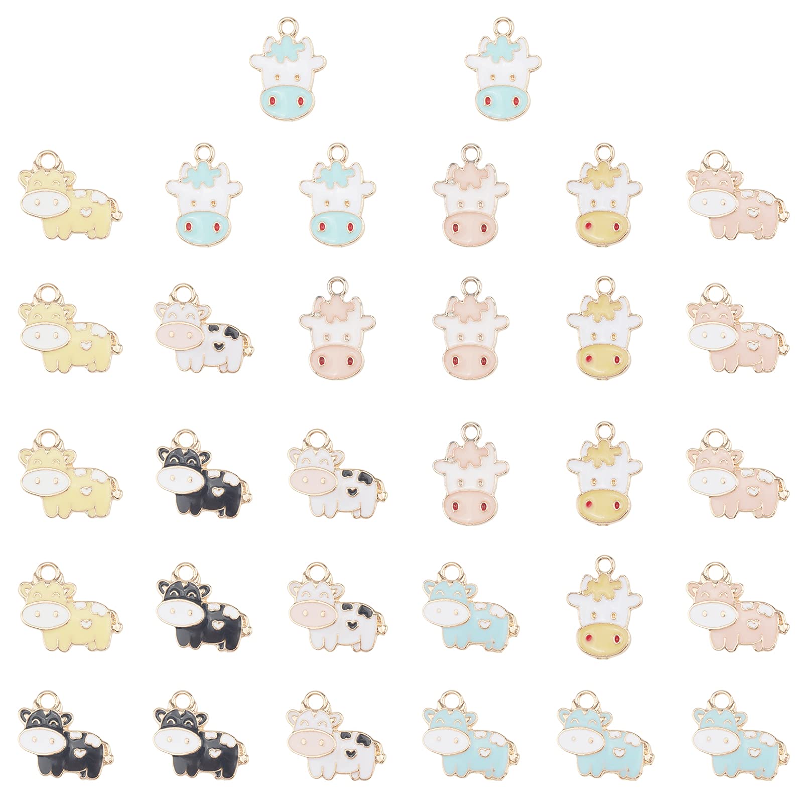 SUNNYCLUE 1 Box 32Pcs 2 Styles Cow Charms Enamel Animal Pendants Dairy Cow Head Shape Flatback Light Gold Plated Colorful Alloy Charms for DIY Jewelry Bracelet Crafts Making Supplies, 5 Colors