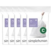simplehuman Code C 100 Count Custom Fit Liners, Drawstring Kitchen Trash Bags, Single Mess-Free Dispense, Extra Thick and Double Seamed, 50% PCR Plastic, 10-12 Liter, 2.6-3.2 Gallon, White