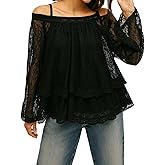 Women Sheer Lace Off The Shoulder Tops Lantern Long Sleeve Tiered Lacy Tops Loose See-Through Blouses