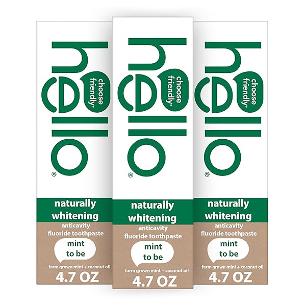 HELLO NATURALLY WHITENING FLUORIDE TOOTHPASTE, NATURAL WHITENING TOOTHPASTE WITH COCONUT OIL AND TEA TREE OIL, TAMES BAD BREATH, HELPS MOISTURIZE, AND FIGHTS CAVITIES, MINT, 3 PACK, 4.7 OZ TUBES