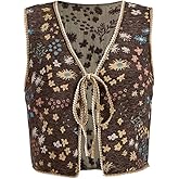 SweatyRocks Women's Floral Embroidered Tie Front Crop Vest Tops Boho Country Concert Cowgirl Western Outfits