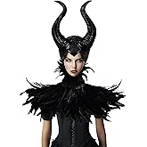 JEGERMIG Feather Cape Shawl with Witch Horns Headband Set Halloween Costumes Couples Adults (Horns With Cape, Horns With Cape)