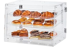 ClarityCraze 3 Tray Pastry Display Case, Bakery Display Box, Clear Acrylic Bread Display Shelf with Front & Rear Door, Removable Shelves, Serving Tong for Donut Bagels Cake