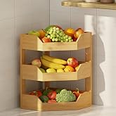 3 Tier Bamboo Corner Fruit Basket for Kitchen Counter, Large Fruit Holder | Solid Kitchen Countertop Organizer,Sturdy Fruit Vegetable Storage Stand,Modular Produce Basket for Onion Bread Snack Potato