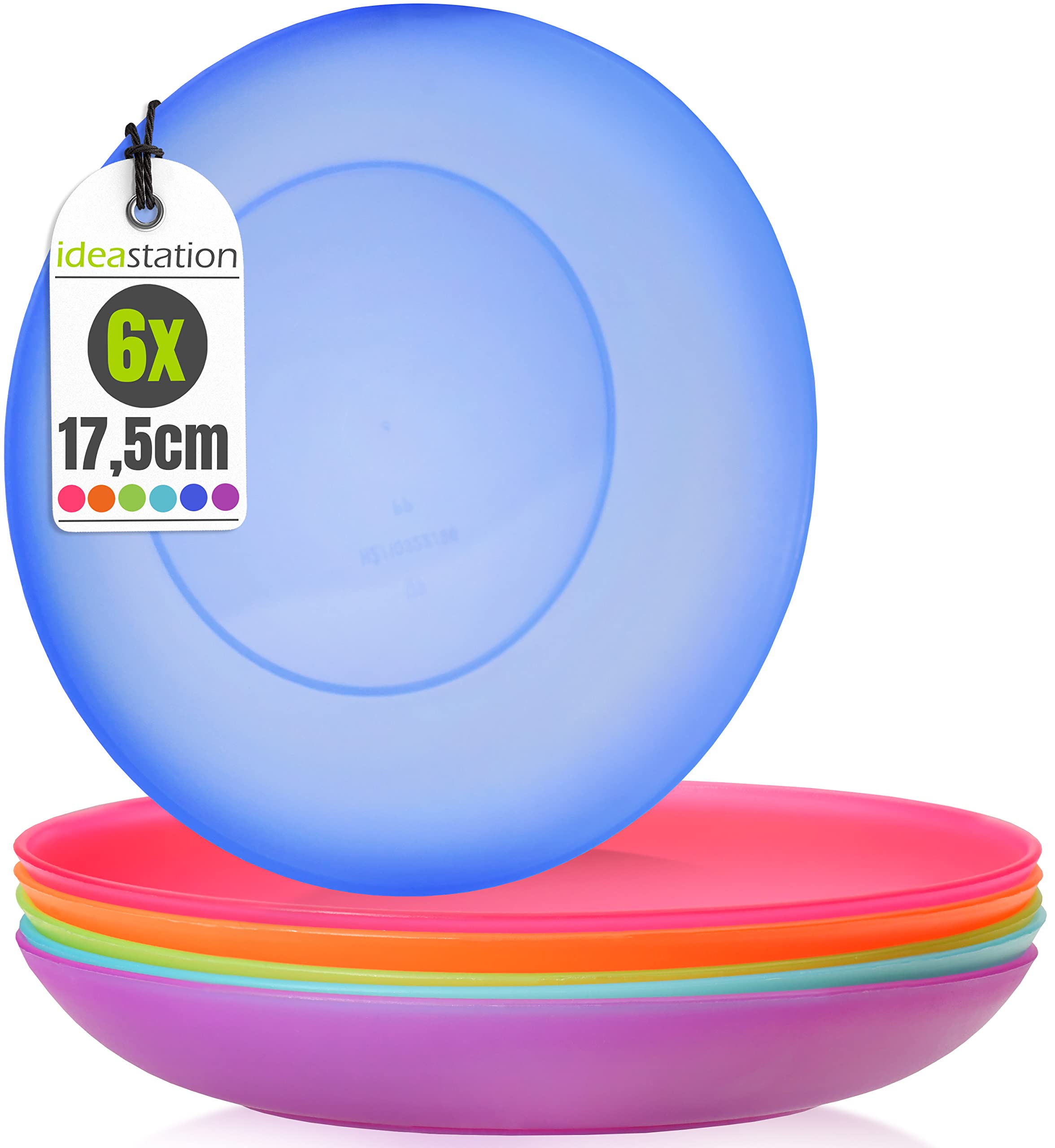 idea-station NEO Plastic Plates 6 x 17.5 cm - Colourful - Reusable - Perfect for Party, Picnic, Camping, Outdoor - Dishwasher Safe and Family Friendly