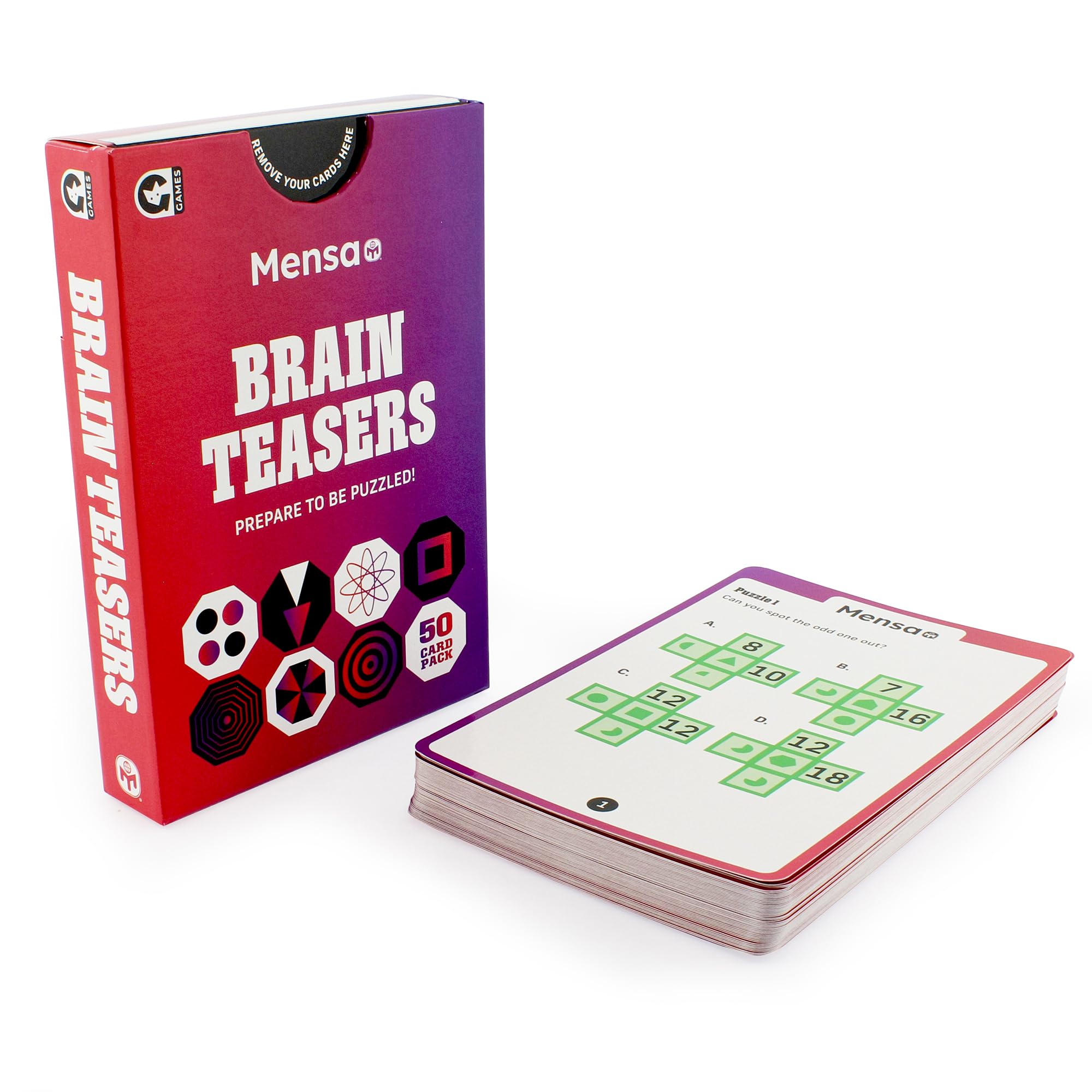 Ginger Fox Official Mensa Brainteasers Challenge Card Game - Prepare To Be Puzzled - Includes 50 Double-Sided Cards, (0112.1304.73.BTC.OSZ)