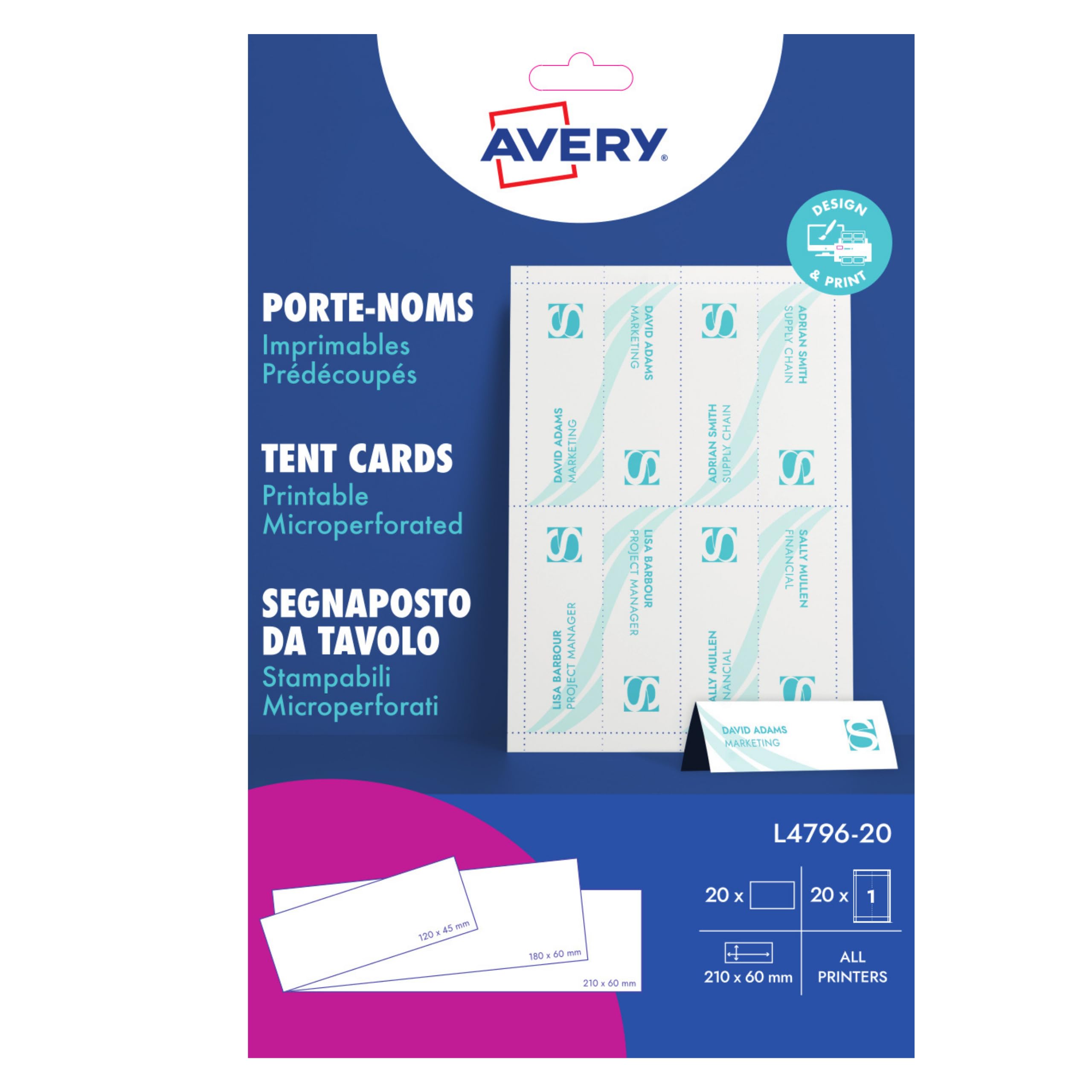 Avery L4796-20 Printable Place/Tent Cards, 1 Card Per A4 Sheet, White