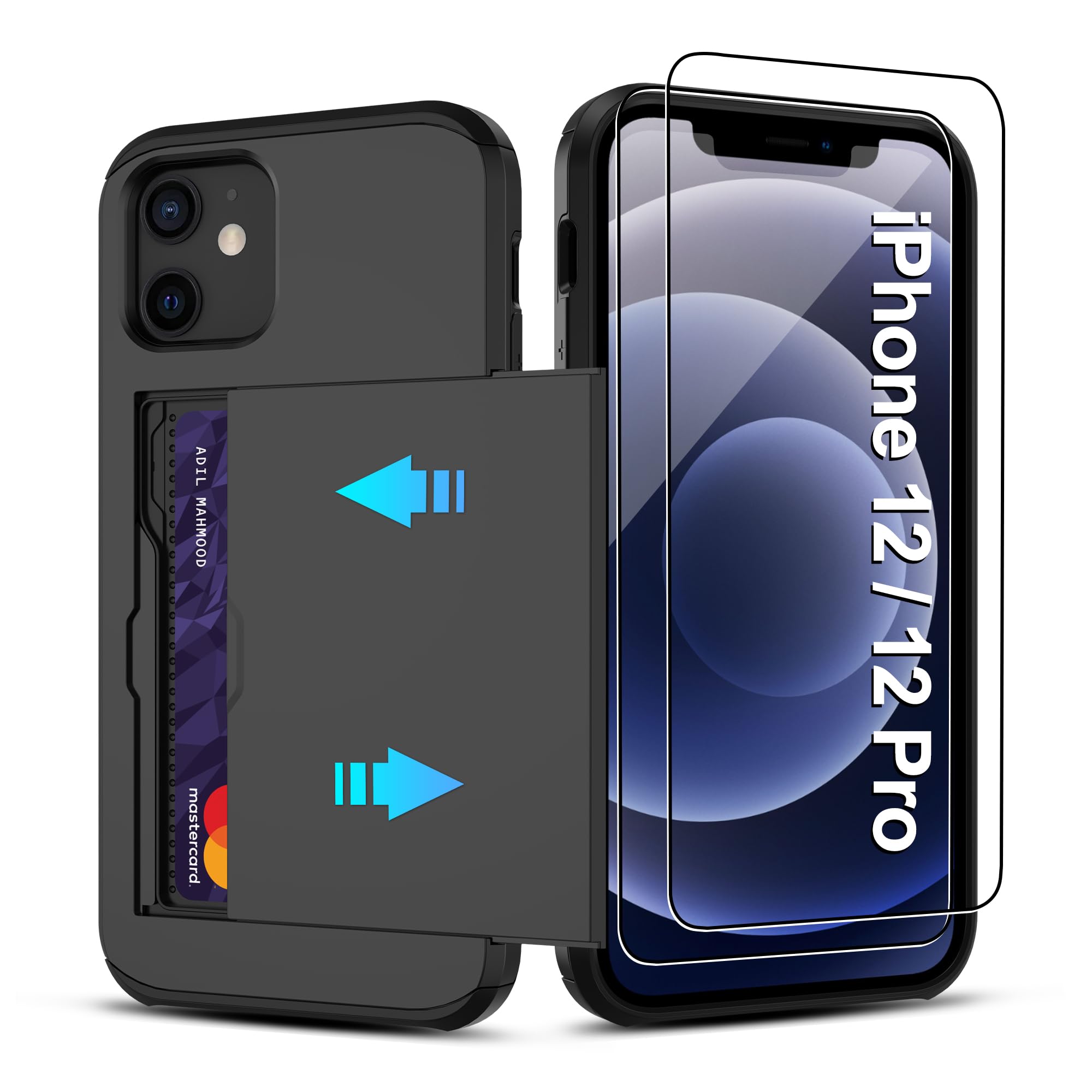 Pilaru for iPhone 12 Case/iPhone 12 Pro Case with Card Holder【2 Pcs HD Screen Protector】Slim Heavy Duty Dual Layer Shockproof Design【Hidden Card Slot 】Wallet Case for iPhone 12/12 Pro Phone Case-Black