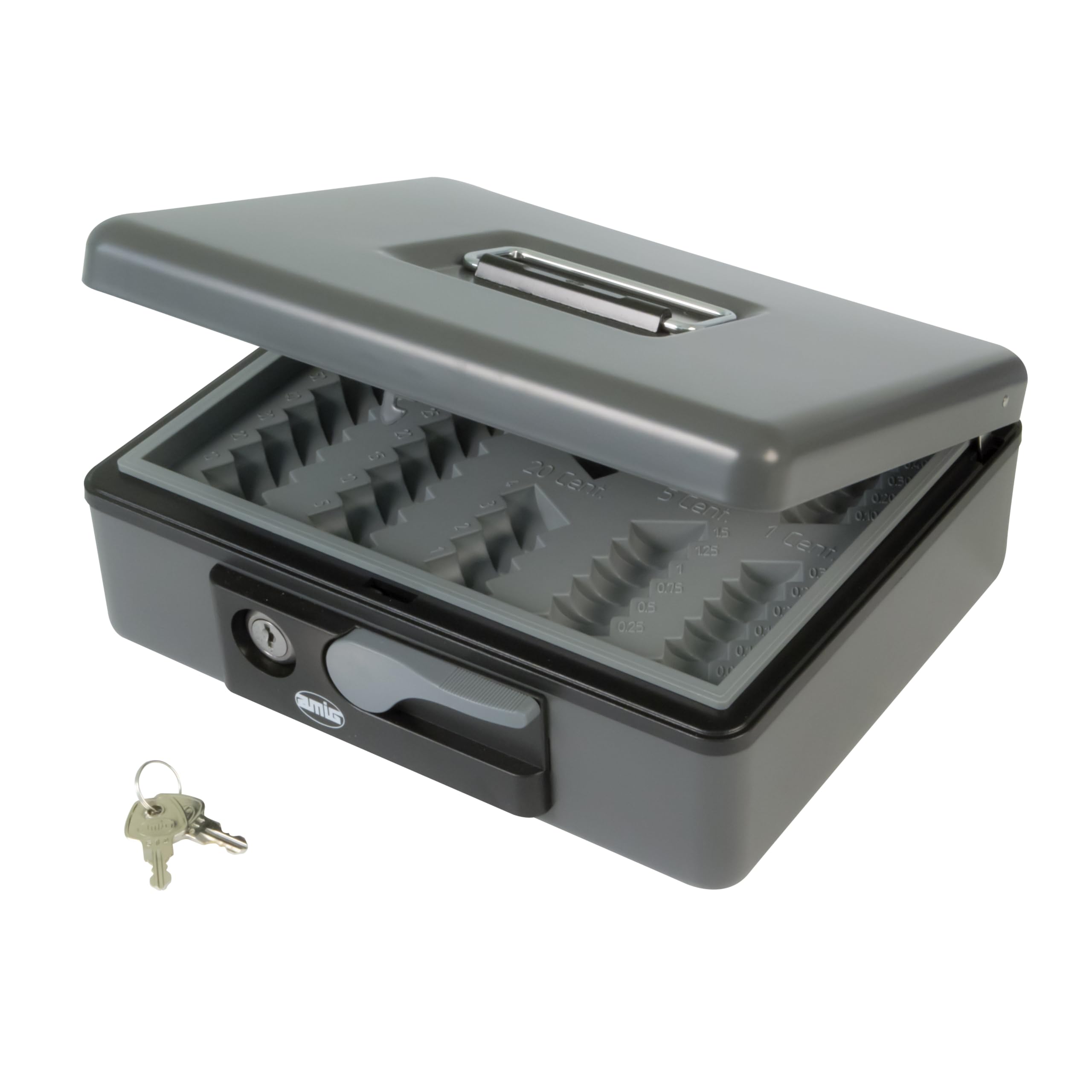 Amig - Cash Box | Security Steel Construction | Removable Coin Compartment | Durable Enamel Finish | Grey, 230 x 185 x 80 mm, Alloy Steel