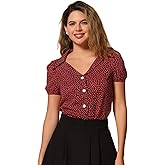 Allegra K Women's Polka Dots Short Sleeve Button Up Vintage 1950s Blouse