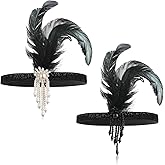 ElevateTech 1920s Flapper Headband, 2Pcs Flapper Feather Headpiece 1920s Headwear Bling Rhinestone Hair Accessories for Women 20s Gatsby Themes Hair Costume Prom Halloween Party Accessory, Black&White