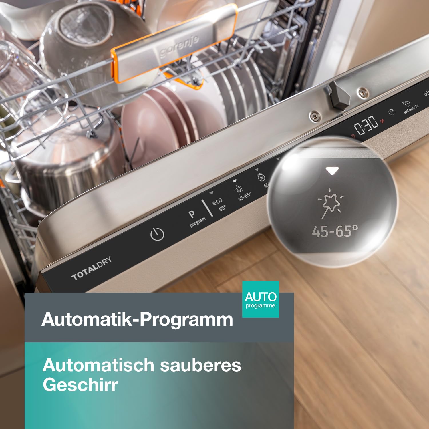 Gorenje GV642C65 Geschirrspüler/Einbaugerät FRONT NICHT ENTHALTEN/Made in EU/60 breite/14 Maßgedecke/6 Programme/TotalDry/Total AquaStop/SpeedWash/XXL inox/EEK: C/Einbaumaße (HxBxT):82 x 60 x 55,5cm 9