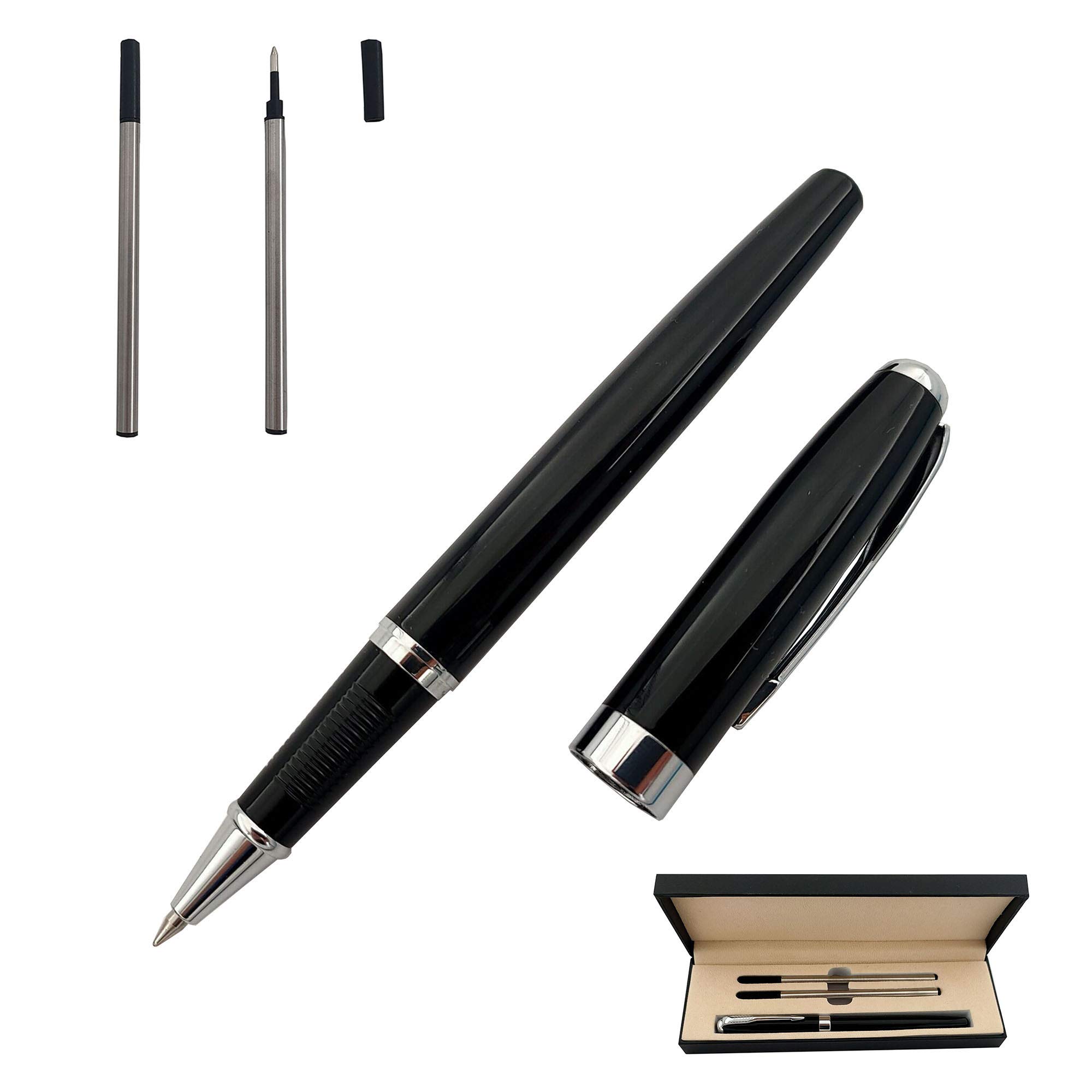 Accod Rollerball Pen Signature Pen Black Ink with Two 0.5mm Black Refills Business Office Pen Gift Box for Birthday, Business and Party Fine Point(Silver)