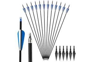 SERfawnCH 12 Carbon Arrows 6 Broadheads 30in Spine 500 Archery Hunting Target Practice Arrows for Compound Recurve Bow Remova