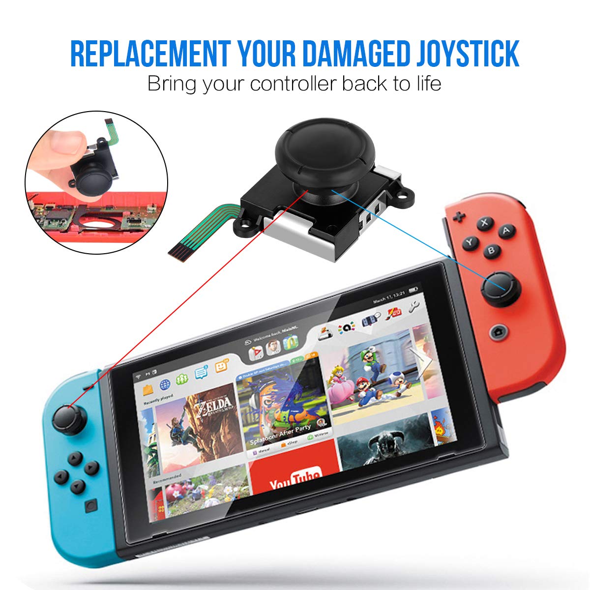 Joycon Joystick Replacement, Nintendo Switch Joy Con Grip Accessories, 3D Replacement Joystick,(24Pcs) -Include 2 Pack Switch Analog Thumb Stick,Tri-Wing,Cross Screwdriver,Pry Tools,4 Thumbstick Caps