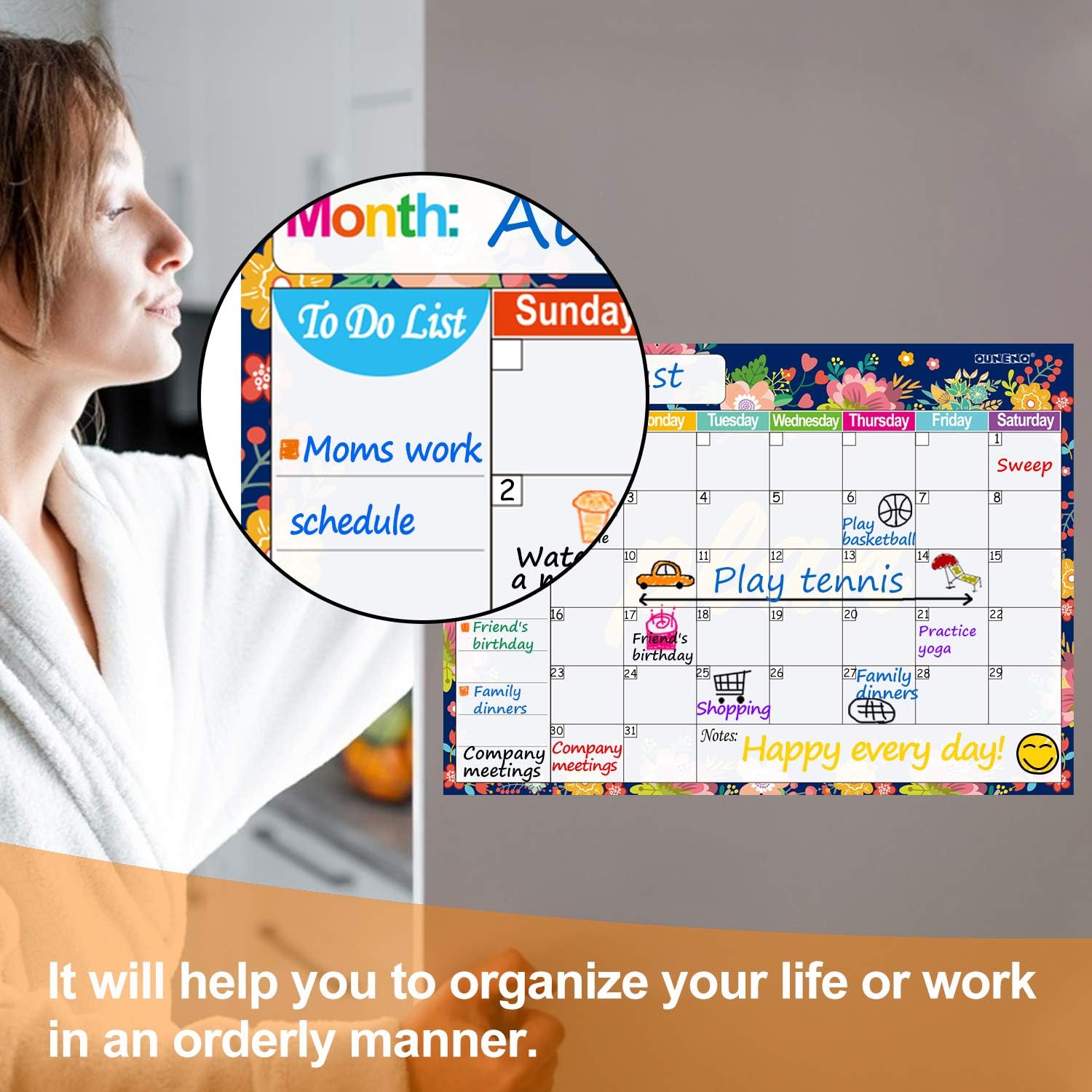 OUNENO Floral Magnetic Dry Erase Calendar to Do List for Refrigerator, 17.5 x 12 inches Large Magnet Reminder White Board for Kitchen Fridge Wall : Office Products