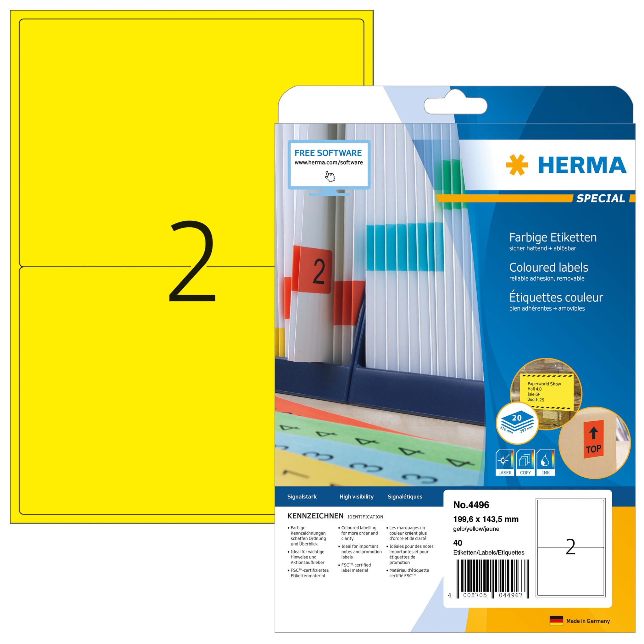 HERMA Yellow Coloured Labels A4, 40 Labels per Pack, 199.6 x 143.5 mm, Suitable for Inkjet & Laser Printers