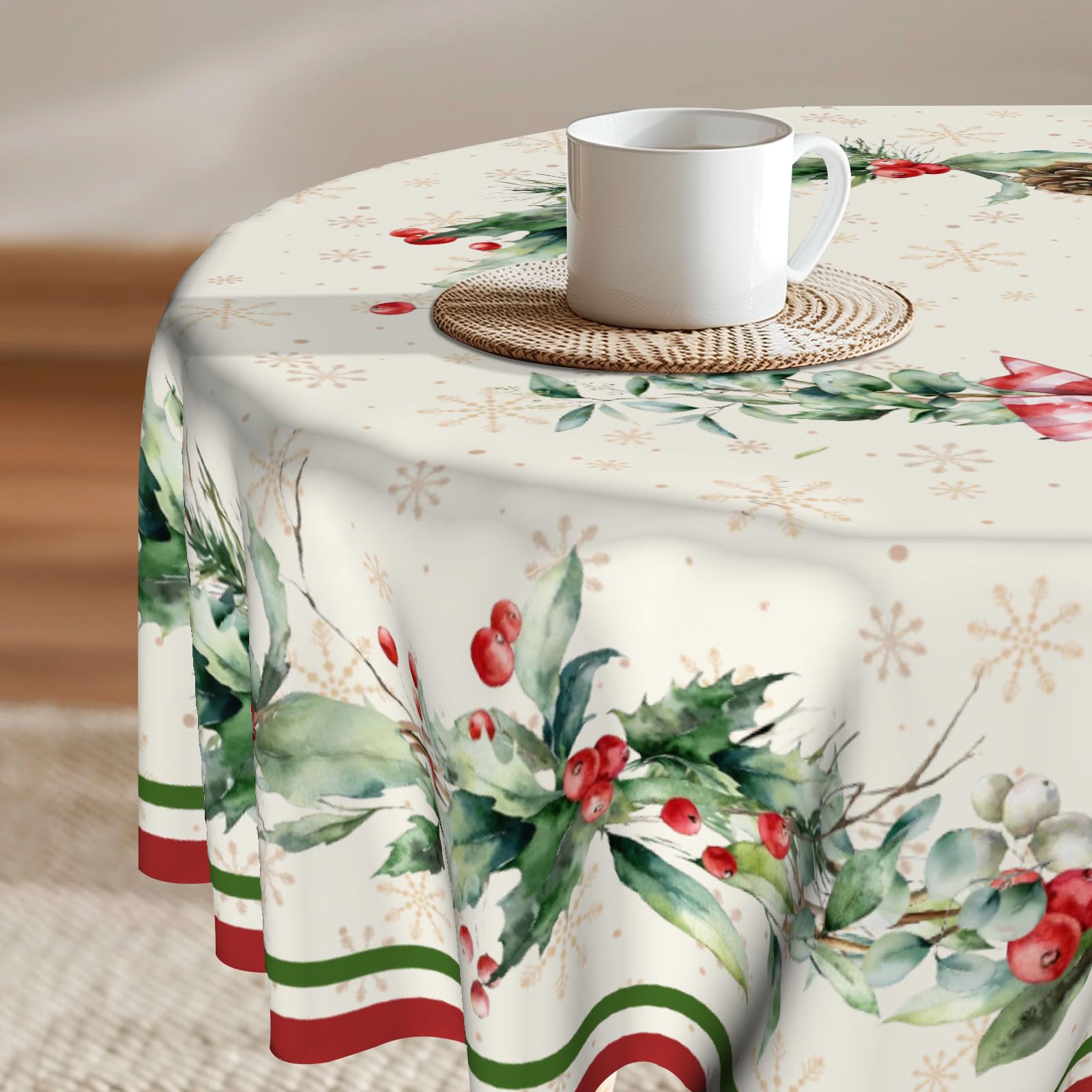 Photo 1 of Christmas Holly Round Tablecloth Winter Snowflake Wrinkle Resistant Table Cloth Xmas Red Bird Decor Table Cover for Winter Holiday Home Kitchen Picnic Party 60 Inch