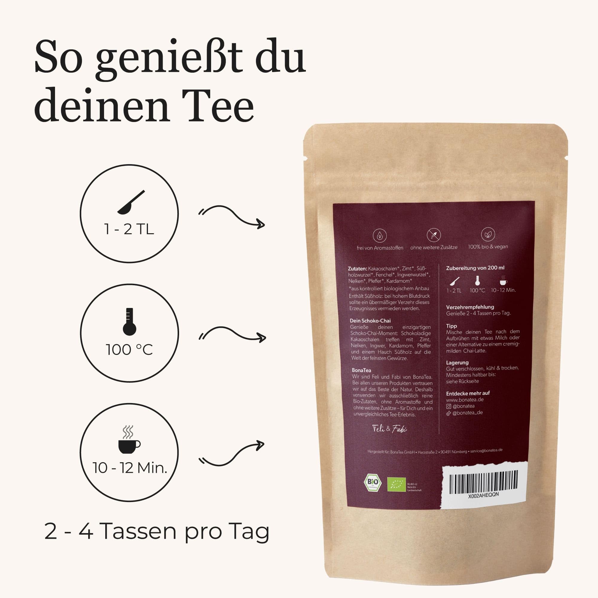 BIO Schoko-Chai Gewürztee ohne Zucker mit Kakaoschalen, Zimt, Süßholz und weiteren aromatischen Chai-Gewürzen, 100g 6