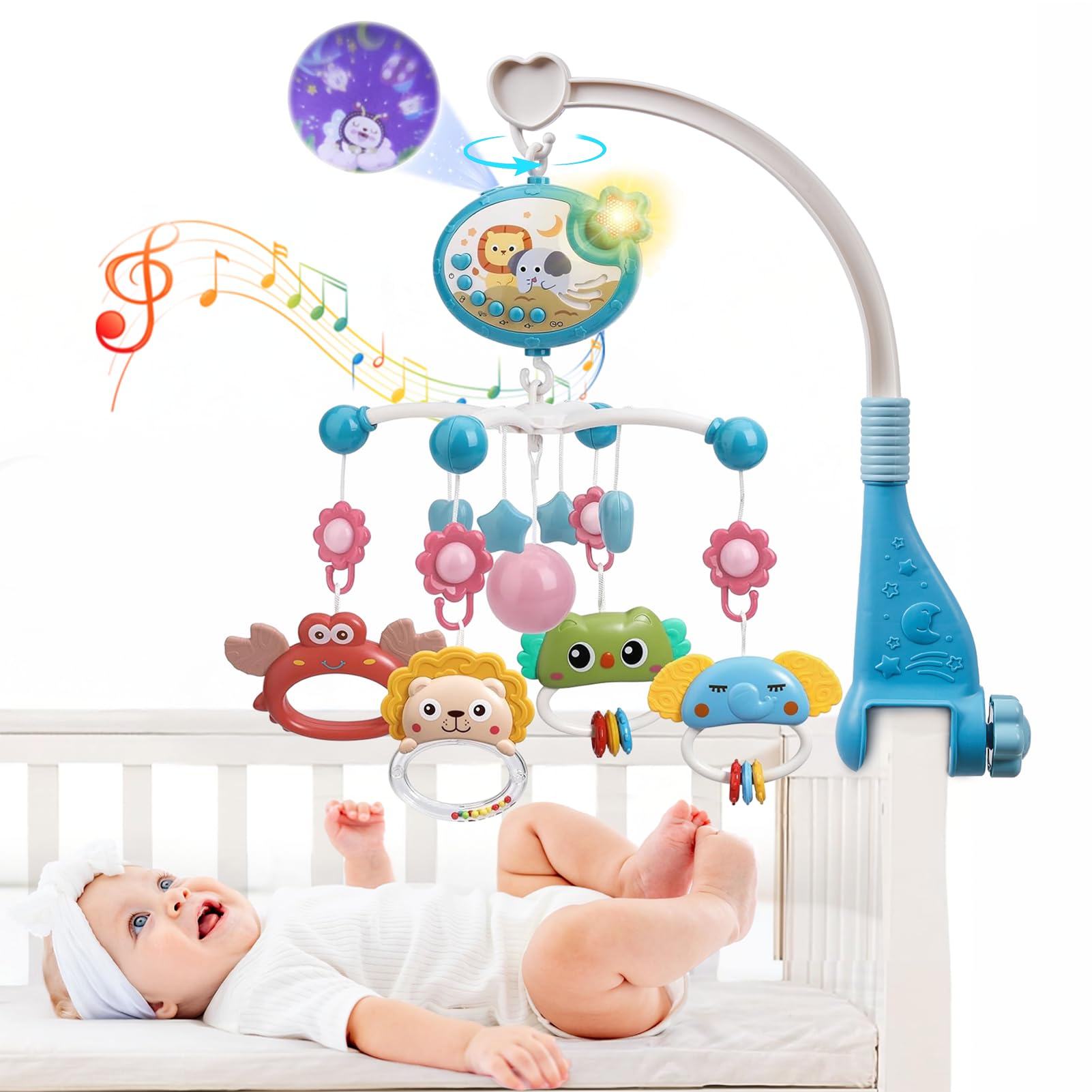 Warmiehomy Cot Mobiles for Babies Crib Musical Mobile Bed Bell Pendant for Boys Girls Baby Cot Hanging Rotating Rattle Toys for Babies 0-6 Months with Star Projection and Timing Function