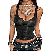 Milumia Women's Faux Leather Crop Tank Top Sexy Notched Sleeveless Fitted Party Club Tops