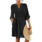 Bsubseach Swimsuit Coverup for Women V Neck Bathing Suit Cover Up with Pocket Drawstring Button Down Beach Shirt Dresses