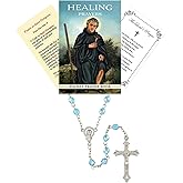 St Peregrine Prayer Card - Laminated Saint Peregrine Holy Card, St Peregrine Prayer Booklet, Light Blue Crystal Rosary, The Lord's Prayer - St Peregrine Patron Saint of Cancer Themed Set - 4 Items