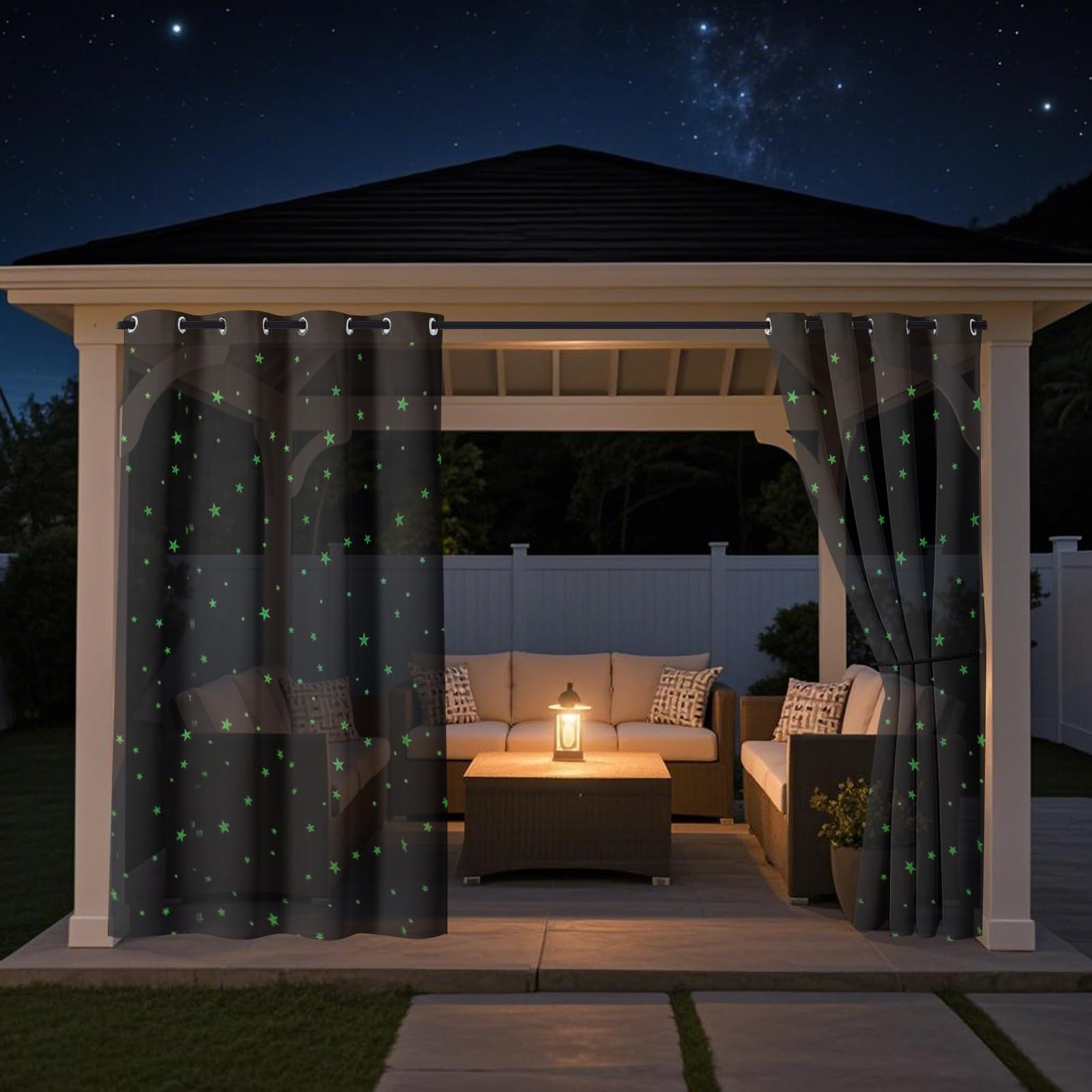 Photo 1 of SK Studio Outdoor Sheer Curtains for Patio, 2 Panels Waterproof and Glow in The Dark Star Print Voile Drapes Privacy Curtains for Living Room, Gazebo, Porch, Balcony, Black, 52" W x 84" L
