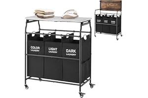 Hoctieon 3 Section Laundry Sorter Cart with Ironing Board, Laundry Hamper with Shelf and Rolling Wheels, Heavy Duty Laundry Basket Organizer, Large Clothes Separator Hamper with Removable Bags, Black