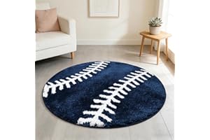 31.5 Inch Round Baseball Rug Navy Blue Sports Carpet with Non-Slip TPR Backing Soft Washable Area Rug for Boys Bedroom Living