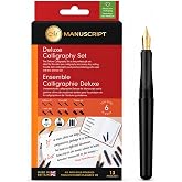 MANUSCRIPT Deluxe Calligraphy Set, 6 Gilt Nib Widths, 13 Piece | Classic fountain pen, 6 gilt nib widths 0.85-2.8mm, cartridges and converter. Made in UK. 13 pieces.